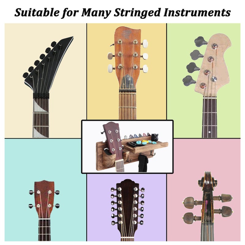 Bikoney Guitar Wall Hanger Guitar Holder Wall Mount Bracket Hanger Guitar Wood Hanging with Pick Holder and 3 Hooks Vintage Black, [U.S. Patent] - Image 5